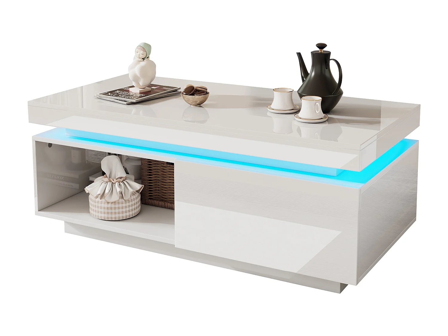 Table basse moderne avec éclairage LED, 2 tiroirs, panneaux en acrylique, blanc (100x50x40.3 cm)