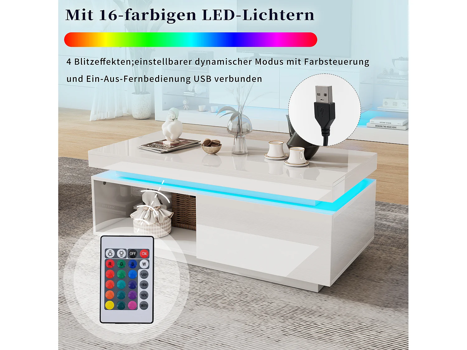 Table basse moderne avec éclairage LED, 2 tiroirs, panneaux en acrylique, blanc (100x50x40.3 cm)