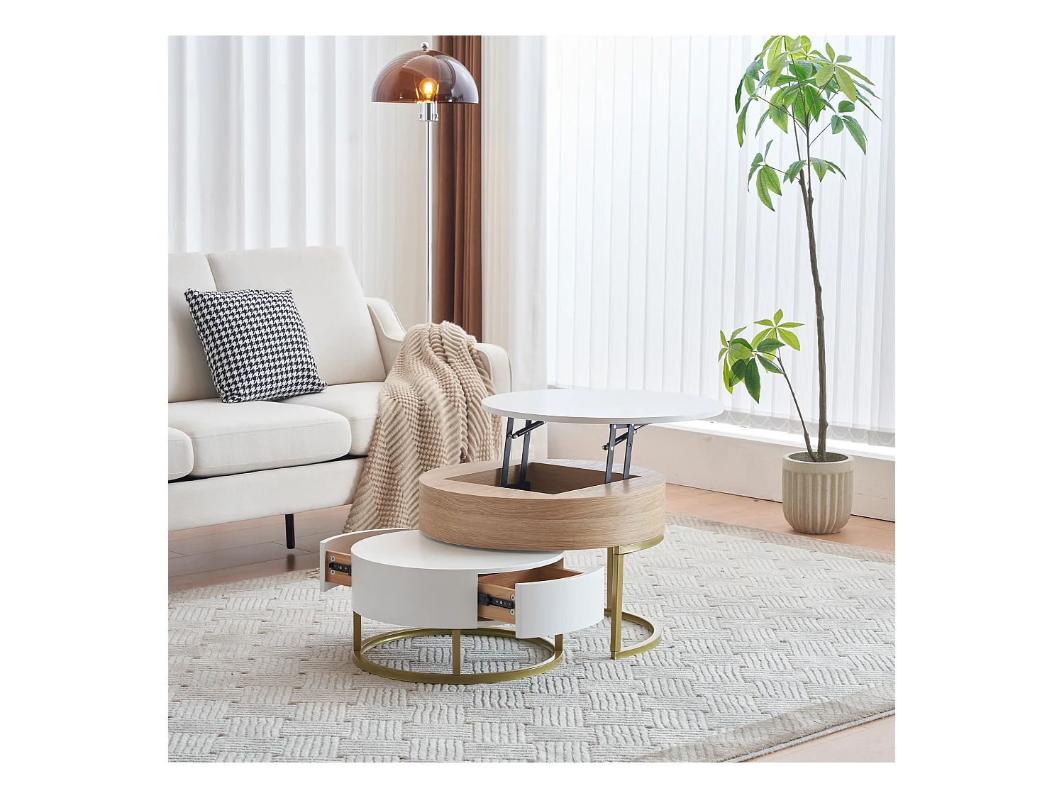 Table basse convertible modulable, 2 pièces avec tiroirs, MDF blanc et effet bois, cadre doré (70x70x56.5 cm + 60x60x27 cm)