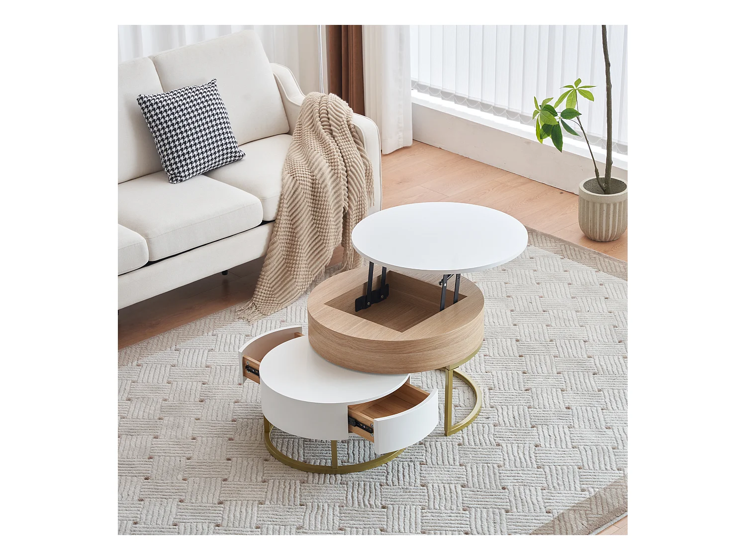 Table basse convertible modulable, 2 pièces avec tiroirs, MDF blanc et effet bois, cadre doré (70x70x56.5 cm + 60x60x27 cm)