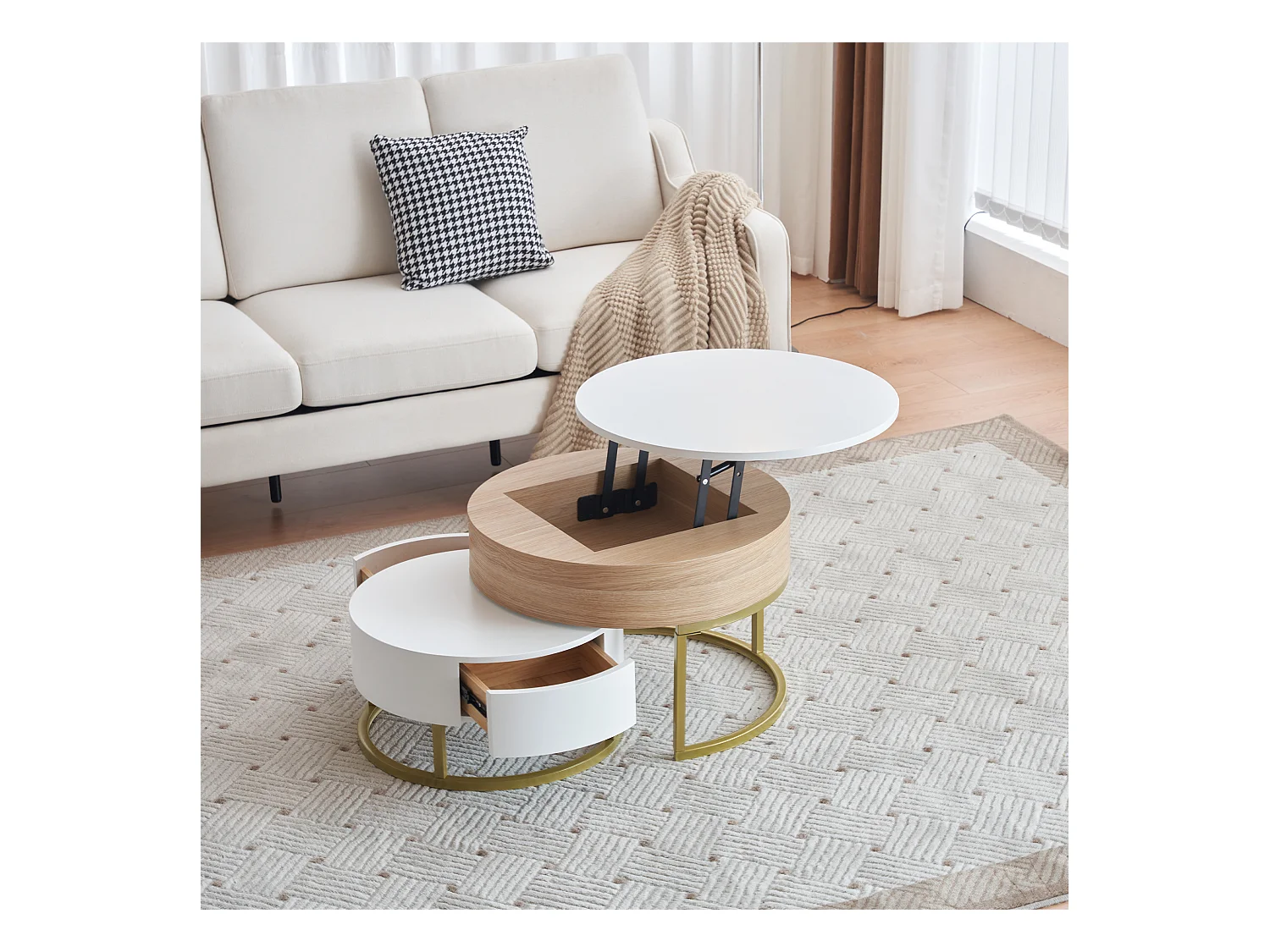 Table basse convertible modulable, 2 pièces avec tiroirs, MDF blanc et effet bois, cadre doré (70x70x56.5 cm + 60x60x27 cm)