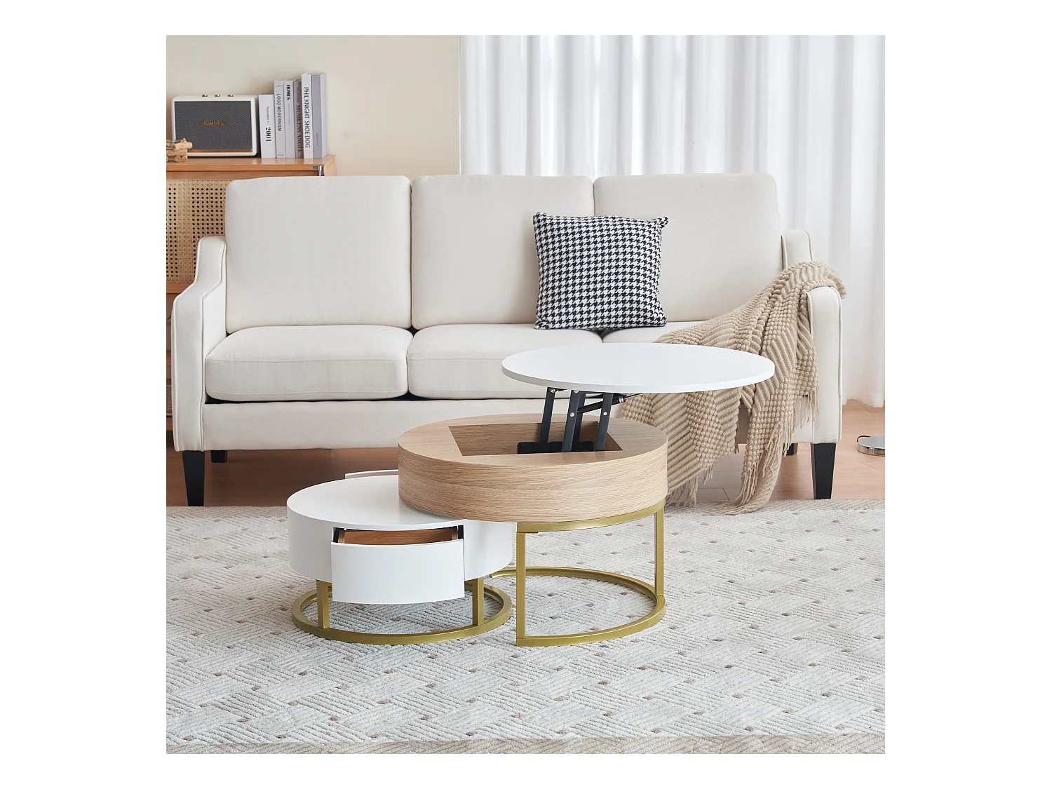 Table basse convertible modulable, 2 pièces avec tiroirs, MDF blanc et effet bois, cadre doré (70x70x56.5 cm + 60x60x27 cm)