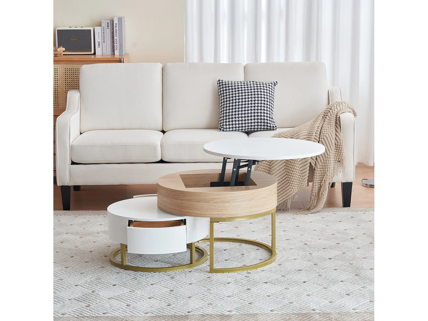 Table basse convertible modulable, 2 pièces avec tiroirs, MDF blanc et effet bois, cadre doré (70x70x56.5 cm + 60x60x27 cm)