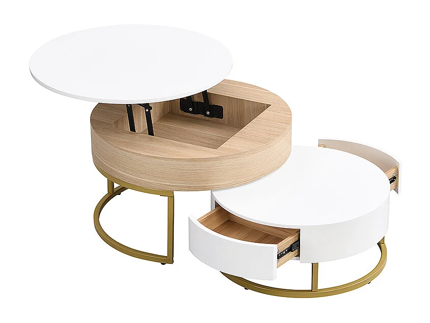 Table basse convertible modulable, 2 pièces avec tiroirs, MDF blanc et effet bois, cadre doré (70x70x56.5 cm + 60x60x27 cm)