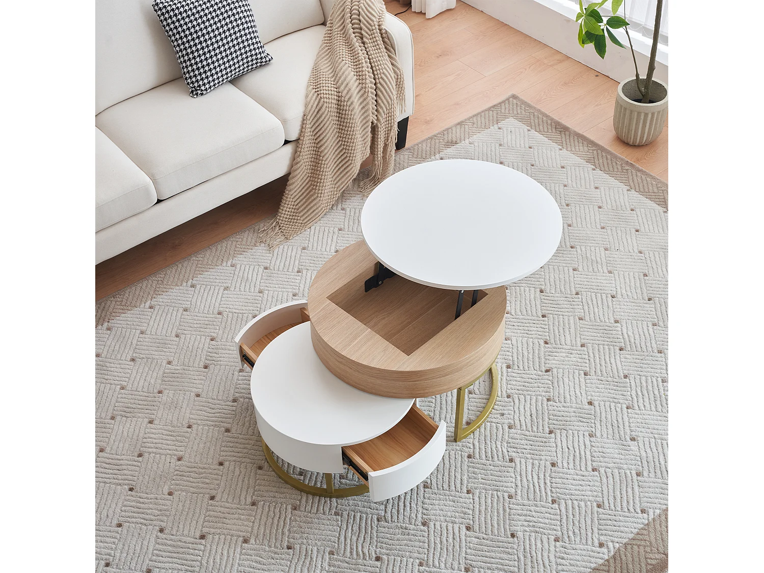 Table basse convertible modulable, 2 pièces avec tiroirs, MDF blanc et effet bois, cadre doré (70x70x56.5 cm + 60x60x27 cm)