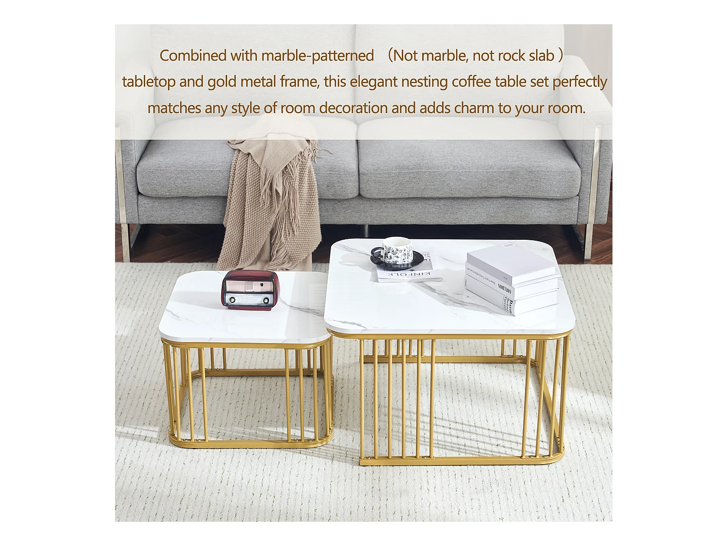 2 tables basses carrées en marbre haute brillance, pieds dorés, design moderne, MDF, blanc (70 x 70 x 45 cm & 50 x 50 x 36.5 cm)