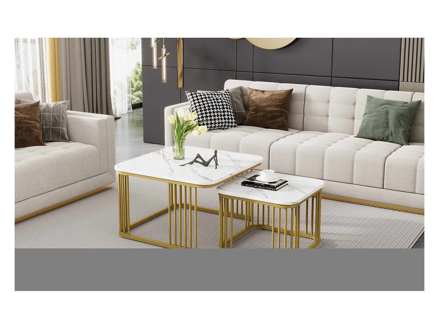 2 tables basses carrées en marbre haute brillance, pieds dorés, design moderne, MDF, blanc (70 x 70 x 45 cm & 50 x 50 x 36.5 cm)