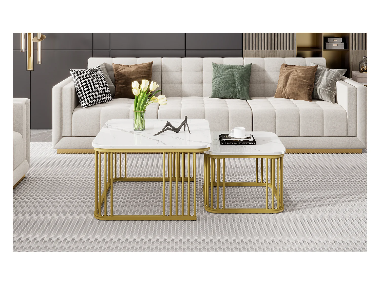 2 tables basses carrées en marbre haute brillance, pieds dorés, design moderne, MDF, blanc (70 x 70 x 45 cm & 50 x 50 x 36.5 cm)