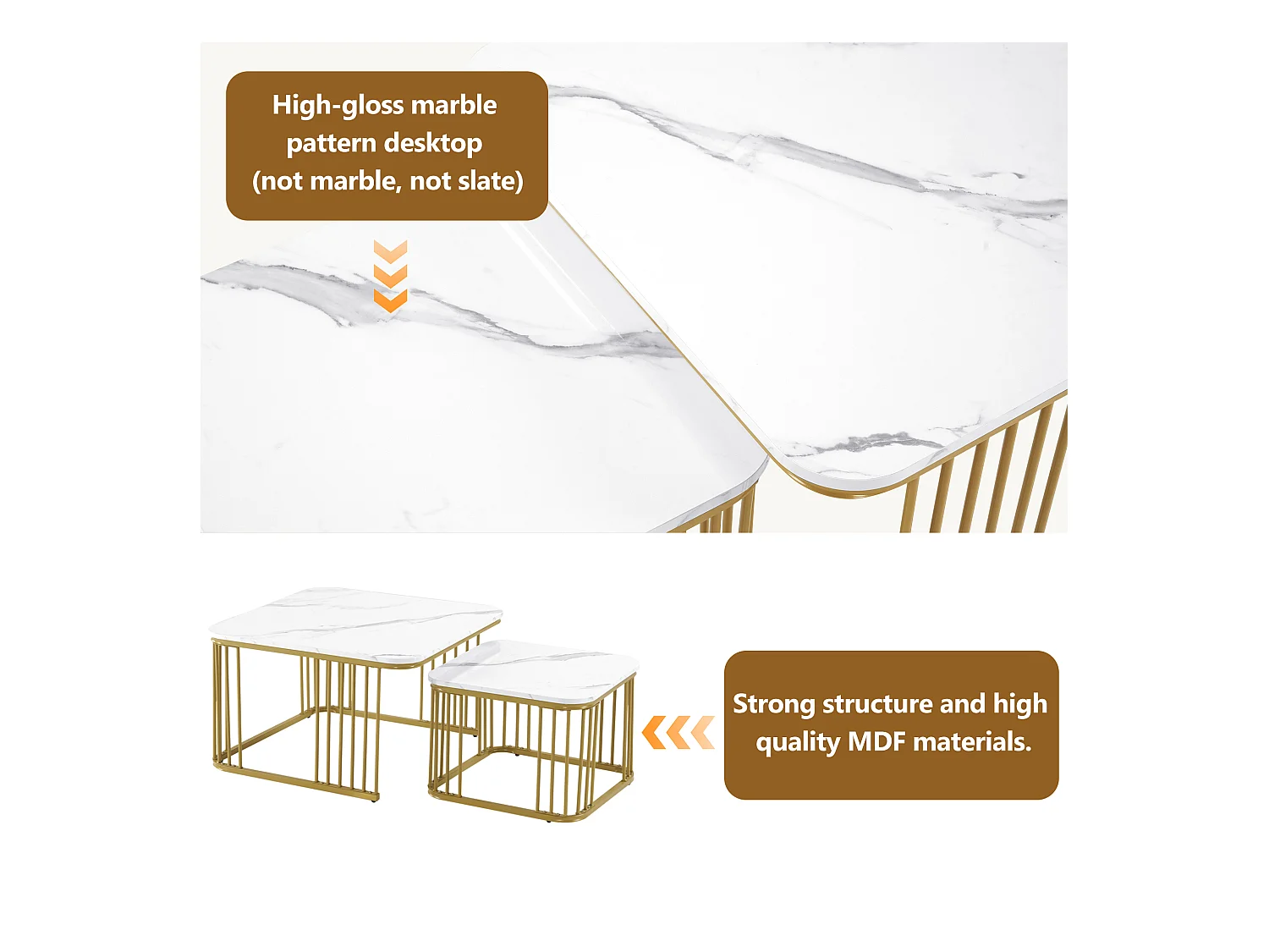 2 tables basses carrées en marbre haute brillance, pieds dorés, design moderne, MDF, blanc (70 x 70 x 45 cm & 50 x 50 x 36.5 cm)