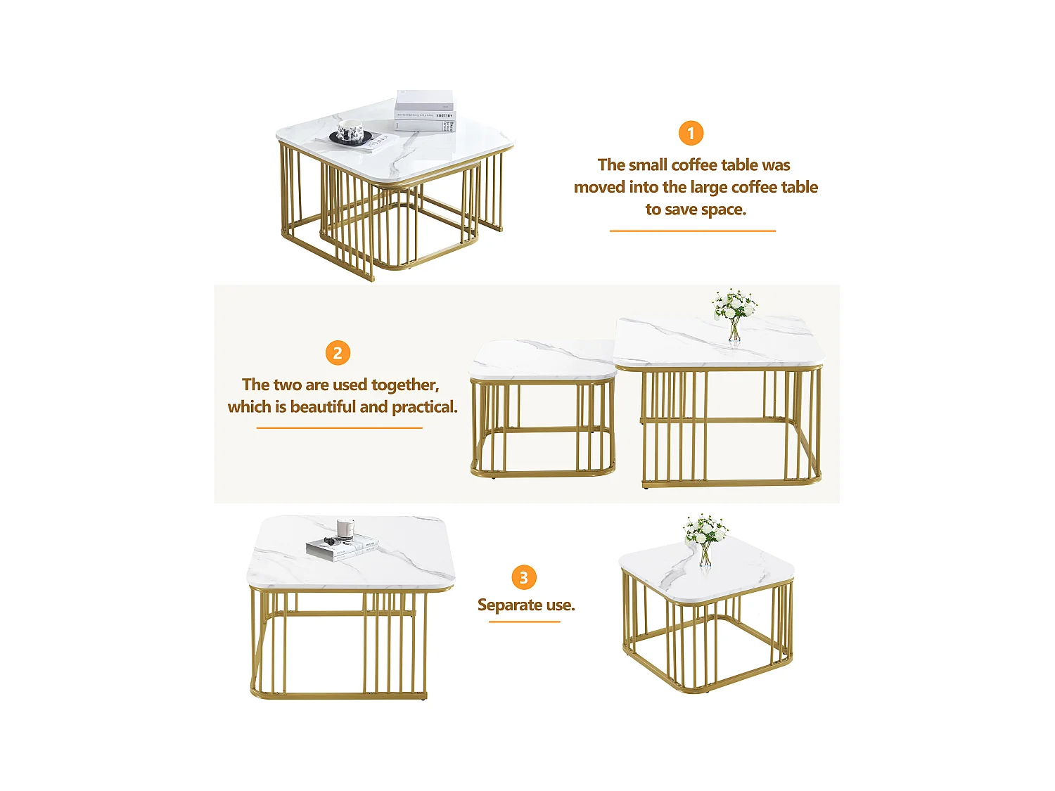 2 tables basses carrées en marbre haute brillance, pieds dorés, design moderne, MDF, blanc (70 x 70 x 45 cm & 50 x 50 x 36.5 cm)