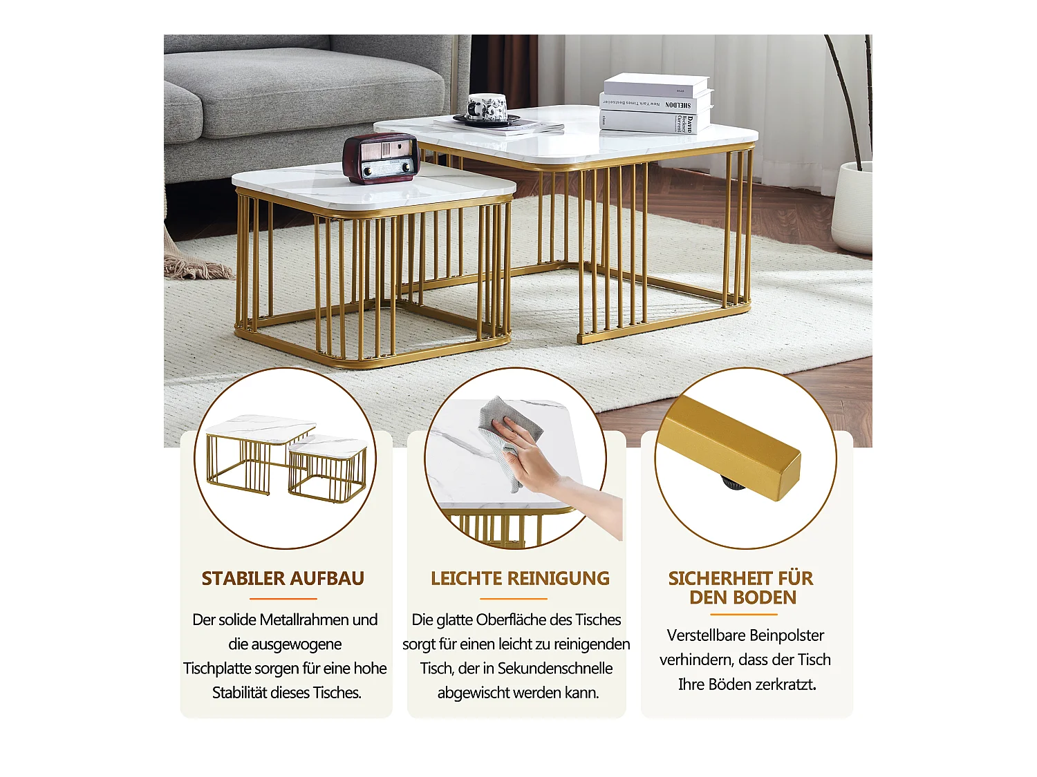 2 tables basses carrées en marbre haute brillance, pieds dorés, design moderne, MDF, blanc (70 x 70 x 45 cm & 50 x 50 x 36.5 cm)