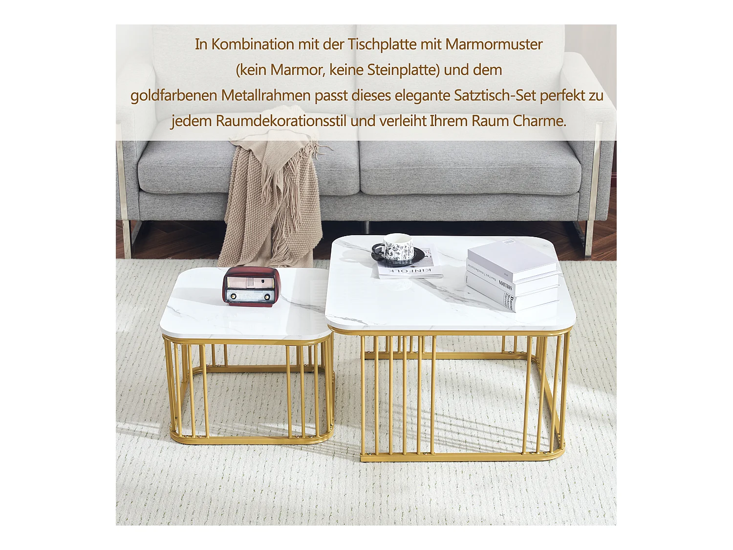 2 tables basses carrées en marbre haute brillance, pieds dorés, design moderne, MDF, blanc (70 x 70 x 45 cm & 50 x 50 x 36.5 cm)