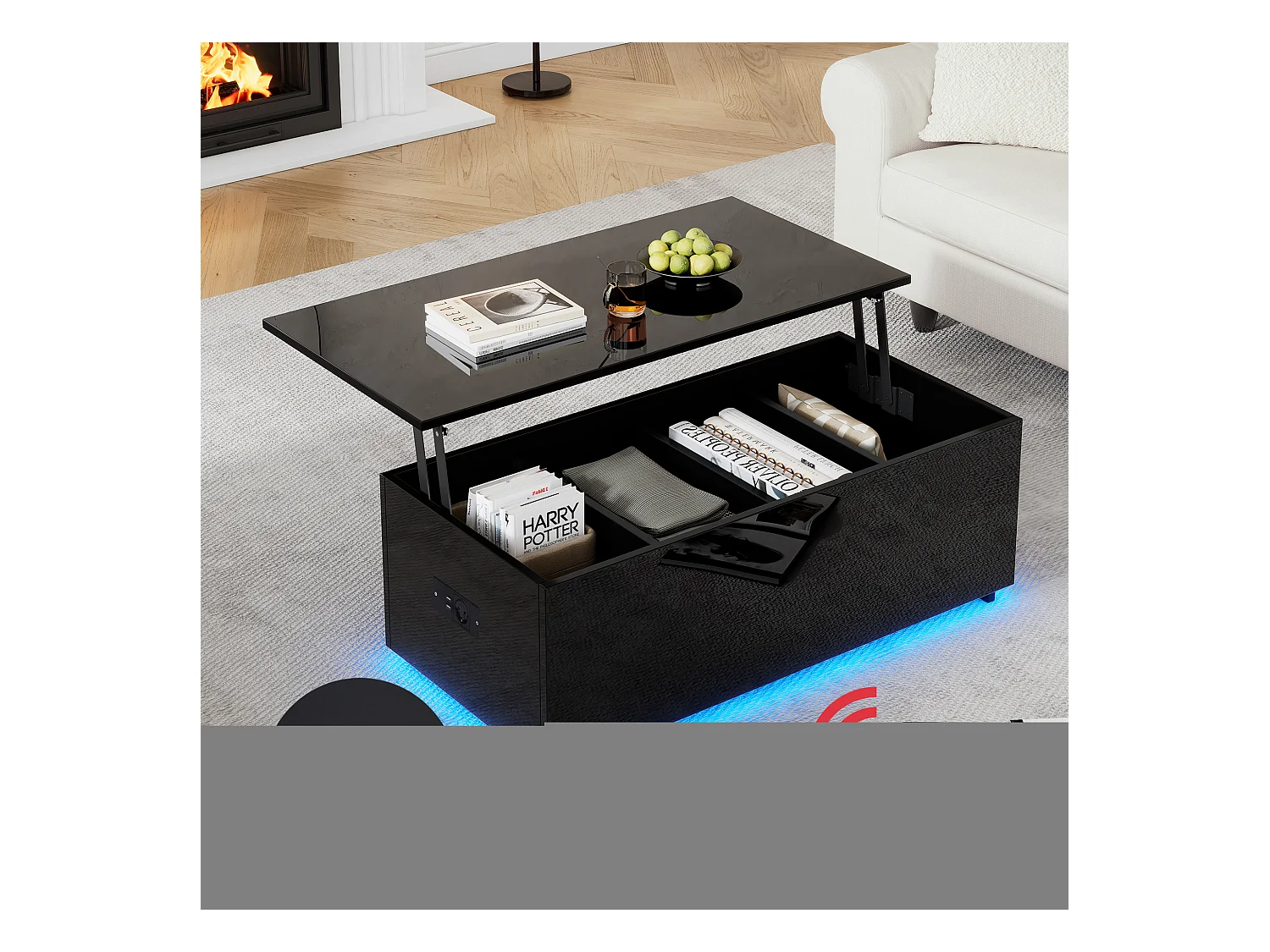 Table basse noire laquée avec éclairage LED et rangement caché, panneau de particules, (100x50x35 cm)