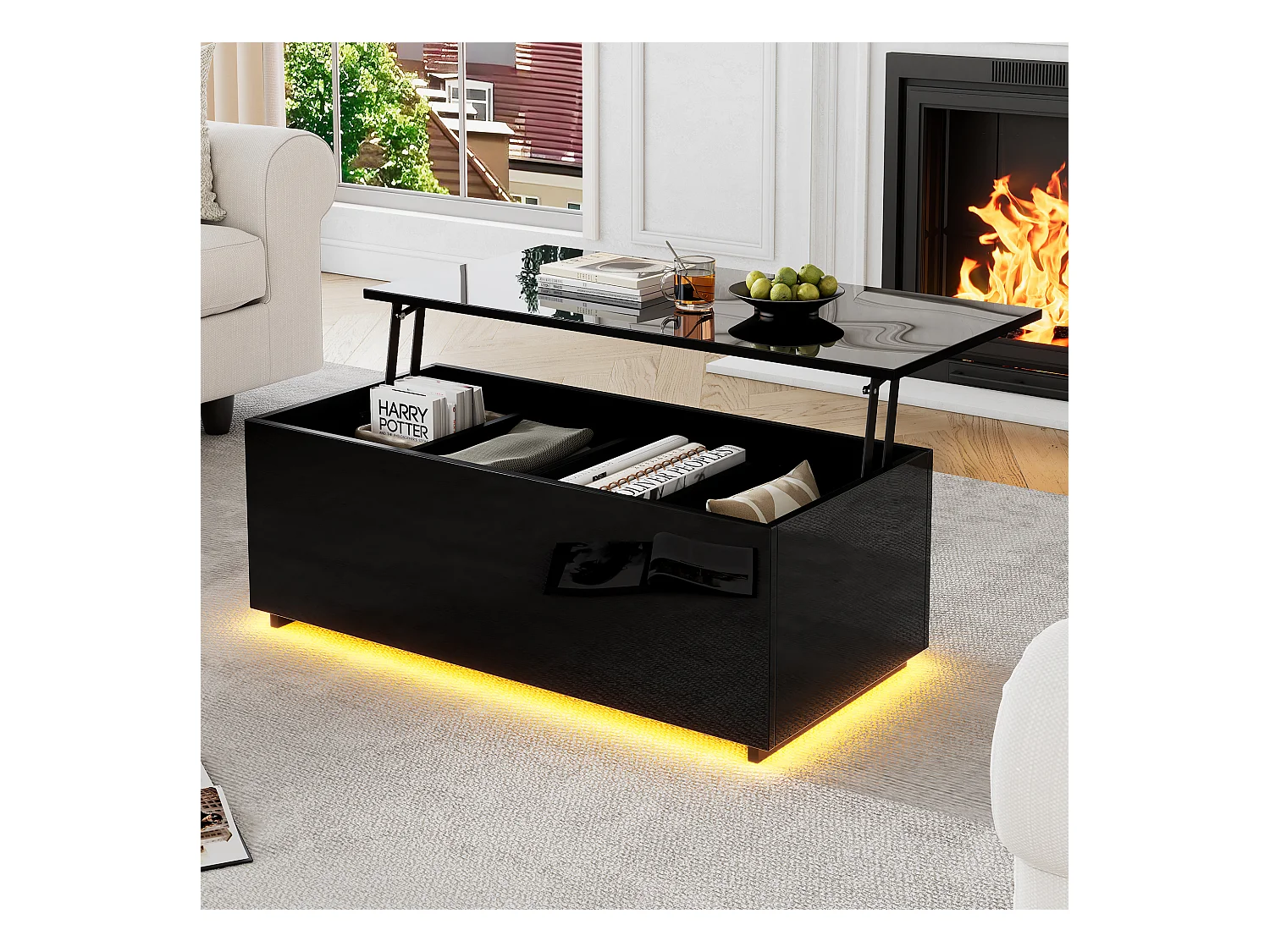 Table basse noire laquée avec éclairage LED et rangement caché, panneau de particules, (100x50x35 cm)