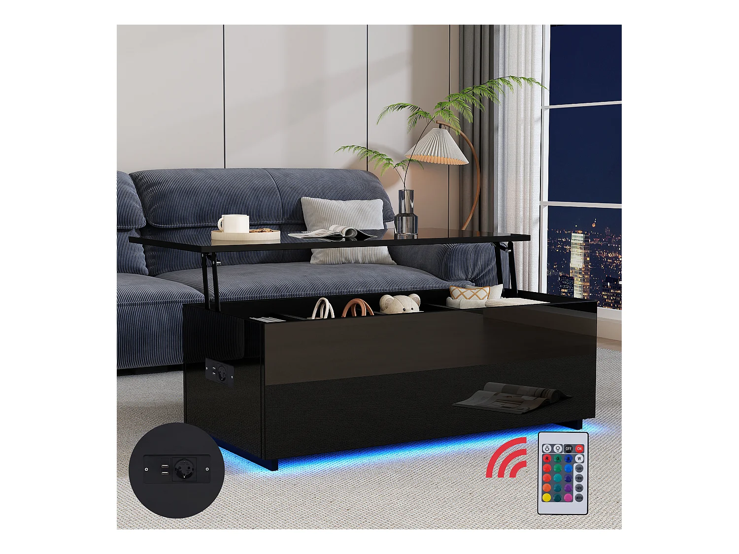 Table basse noire laquée avec éclairage LED et rangement caché, panneau de particules, (100x50x35 cm)