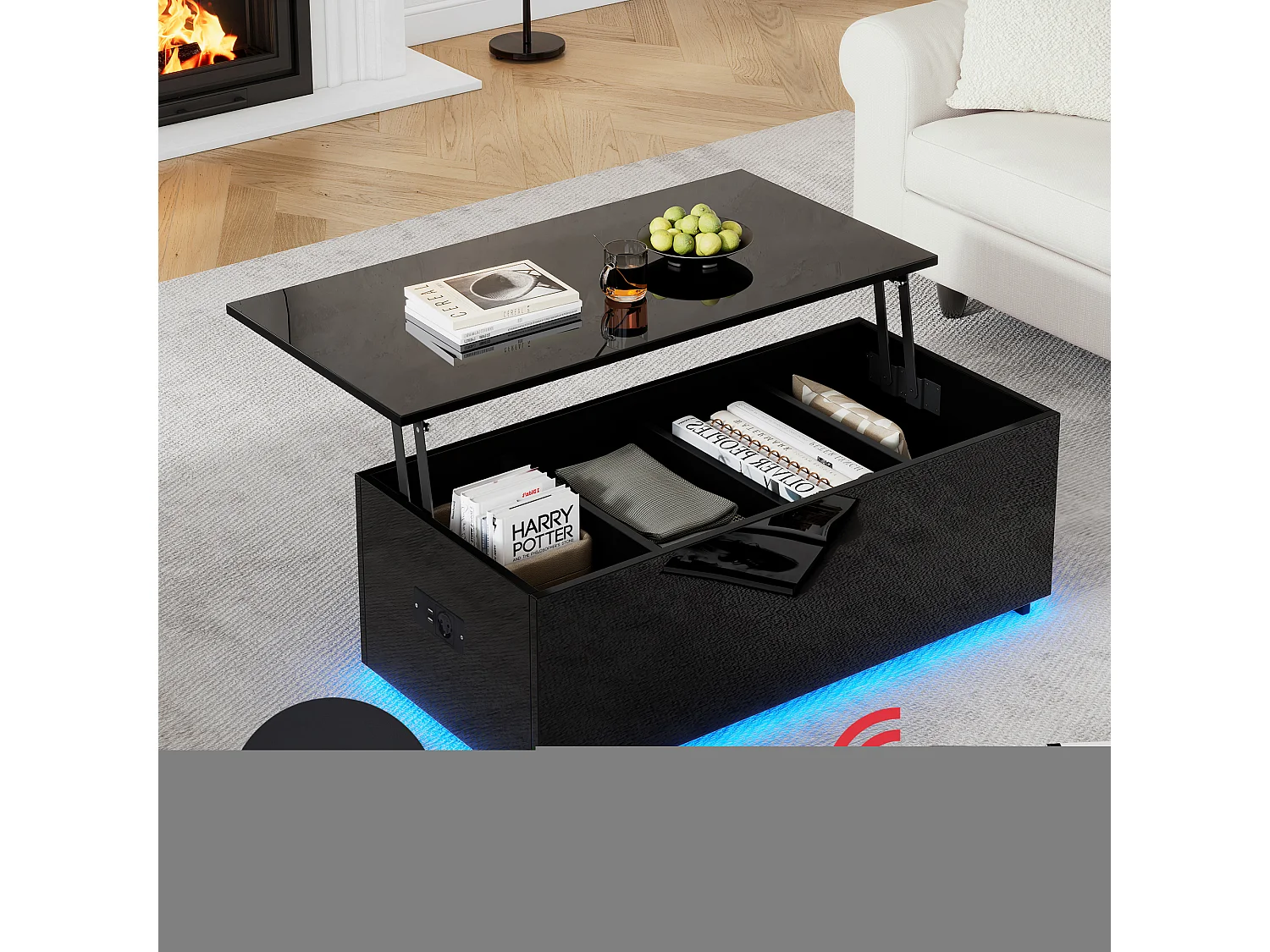 Table basse noire laquée avec éclairage LED et rangement caché, panneau de particules, (100x50x35 cm)