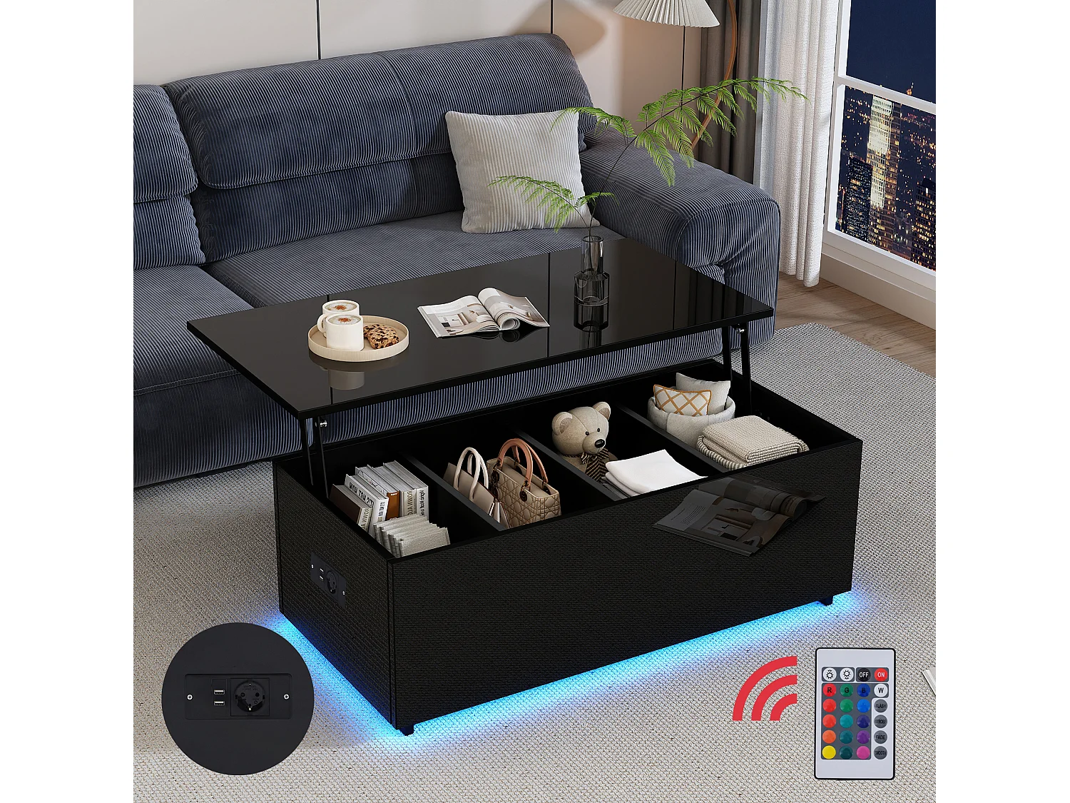 Table basse noire laquée avec éclairage LED et rangement caché, panneau de particules, (100x50x35 cm)