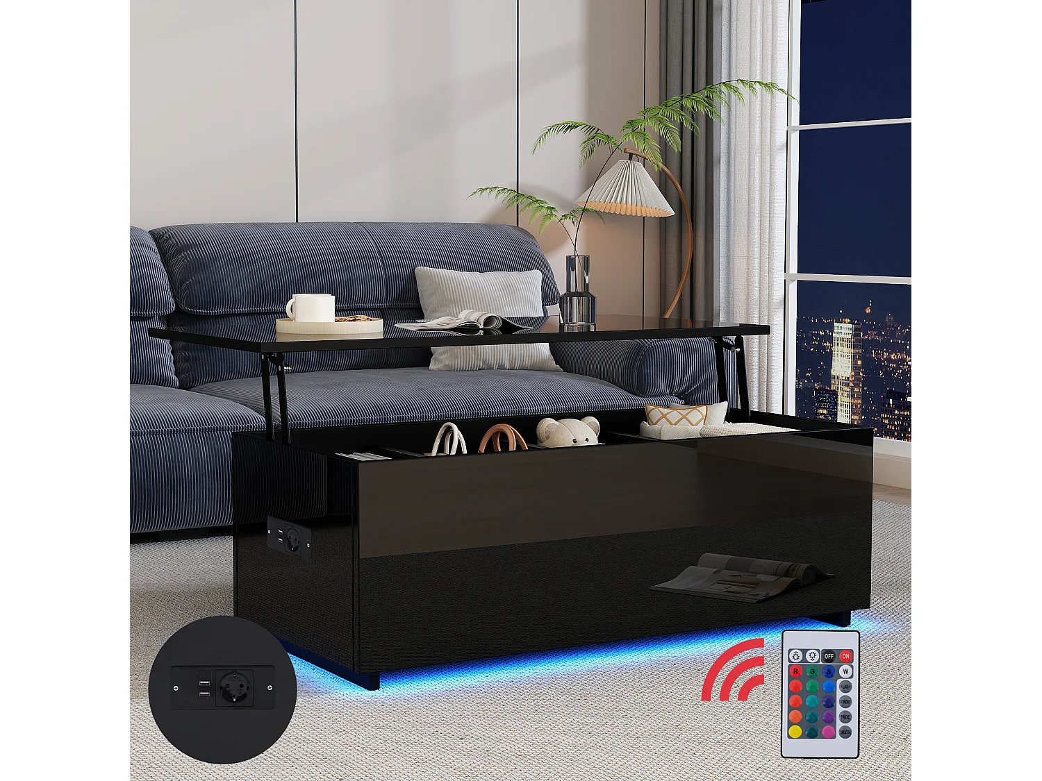 Table basse noire laquée avec éclairage LED et rangement caché, panneau de particules, (100x50x35 cm)