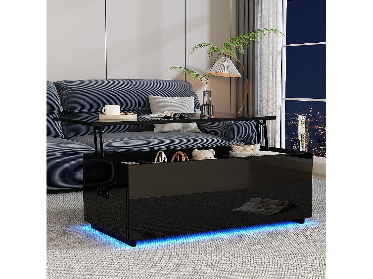 Table basse noire laquée avec éclairage LED et rangement caché, panneau de particules, (100x50x35 cm)