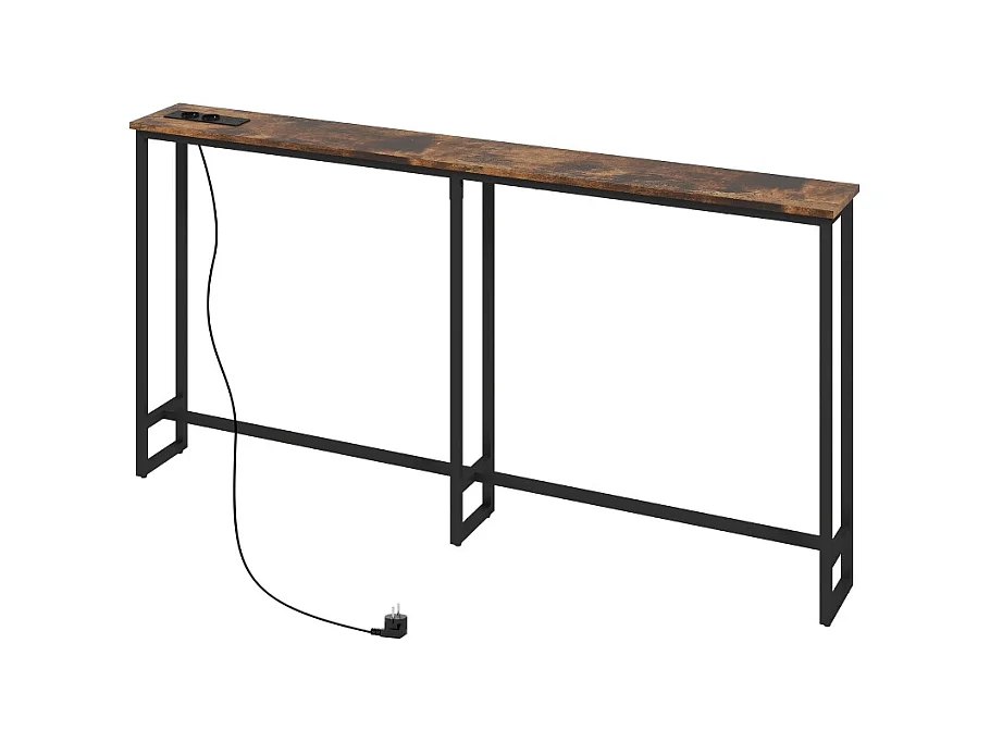 Consolle con stazione di ricarica integrata, metallo, stile industriale, nero e legno rustico, (160x20x80 cm)