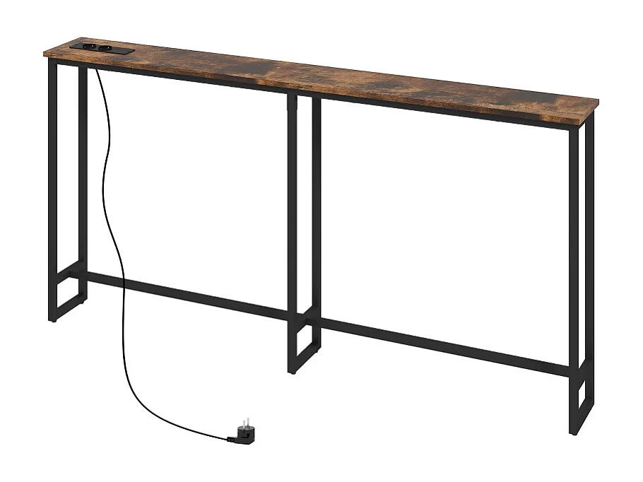 Consolle con stazione di ricarica integrata, metallo, stile industriale, nero e legno rustico, (160x20x80 cm)