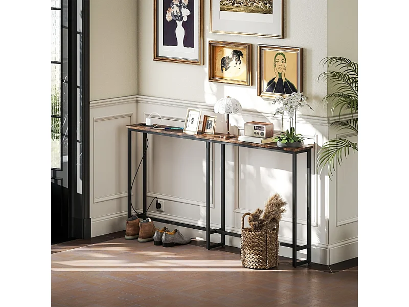 Consolle con stazione di ricarica integrata, metallo, stile industriale, nero e legno rustico, (160x20x80 cm)