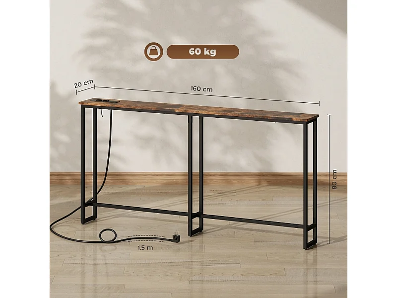 Consolle con stazione di ricarica integrata, metallo, stile industriale, nero e legno rustico, (160x20x80 cm)