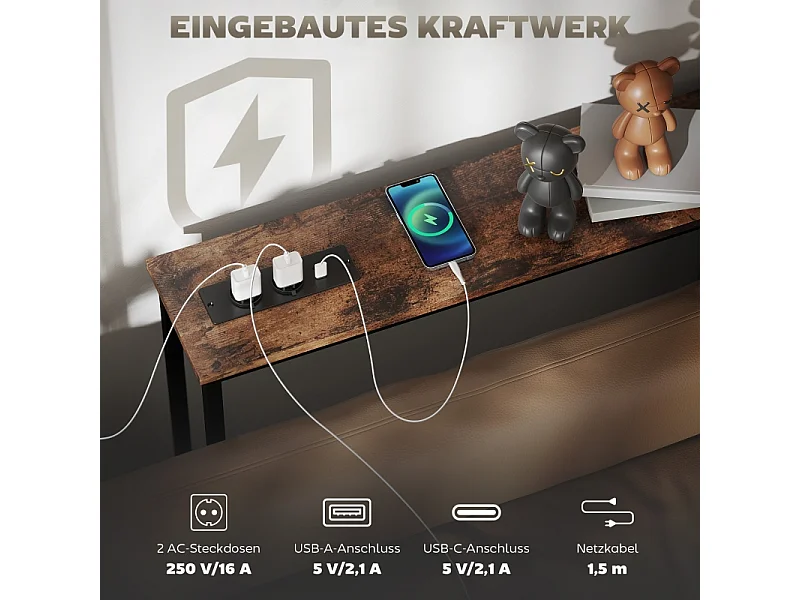 Consolle con stazione di ricarica integrata, metallo, stile industriale, nero e legno rustico, (160x20x80 cm)