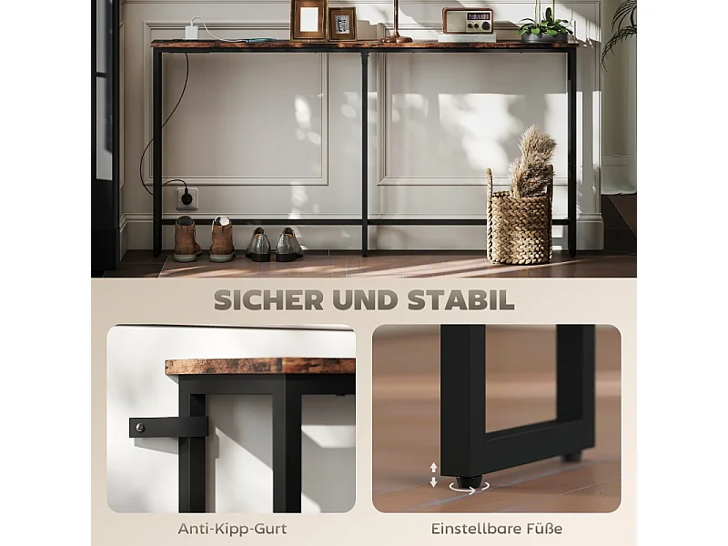 Consolle con stazione di ricarica integrata, metallo, stile industriale, nero e legno rustico, (160x20x80 cm)