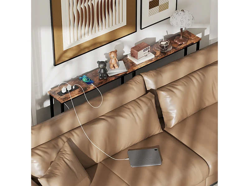 Consolle con stazione di ricarica integrata, metallo, stile industriale, nero e legno rustico, (160x20x80 cm)