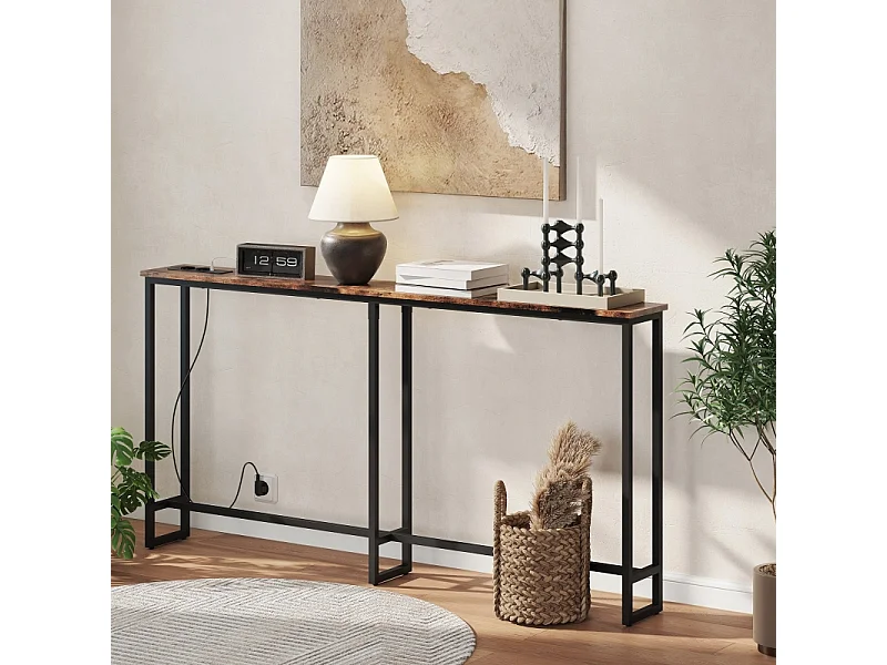 Consolle con stazione di ricarica integrata, metallo, stile industriale, nero e legno rustico, (160x20x80 cm)