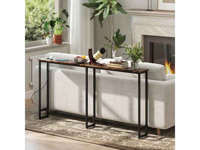 Consolle con stazione di ricarica integrata, metallo, stile industriale, nero e legno rustico, (160x20x80 cm)