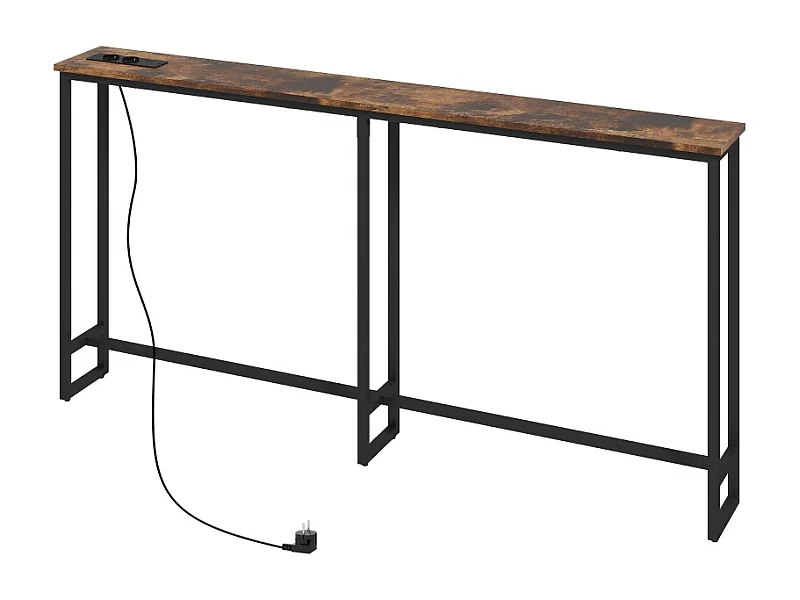 Consolle con stazione di ricarica integrata, metallo, stile industriale, nero e legno rustico, (160x20x80 cm)