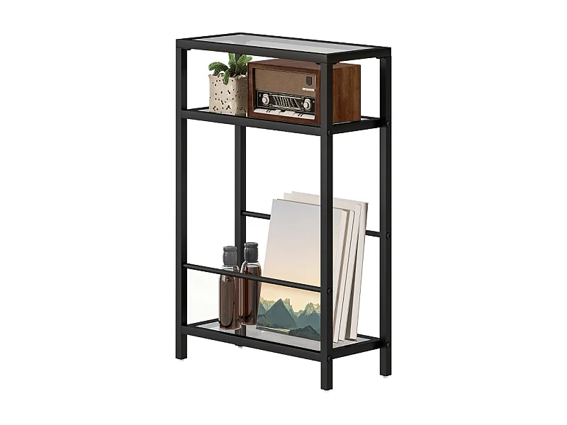 Tavolino laterale a 3 livelli, piano in vetro temperato, metallo, nero (40x18x62 cm)