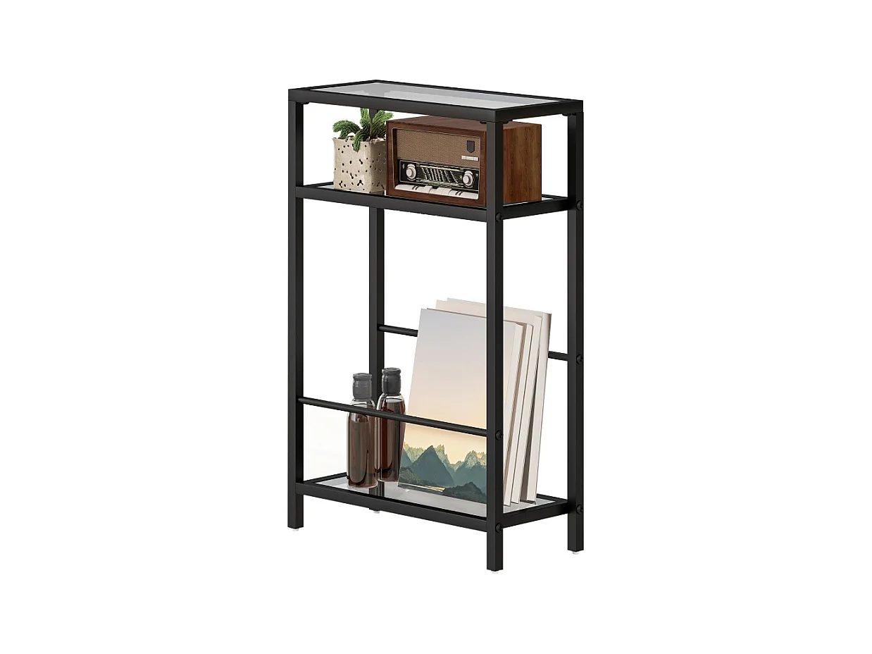 Bijzettafel met 3 niveaus, gehard glazen blad, metaal, zwart (40x18x62 cm)