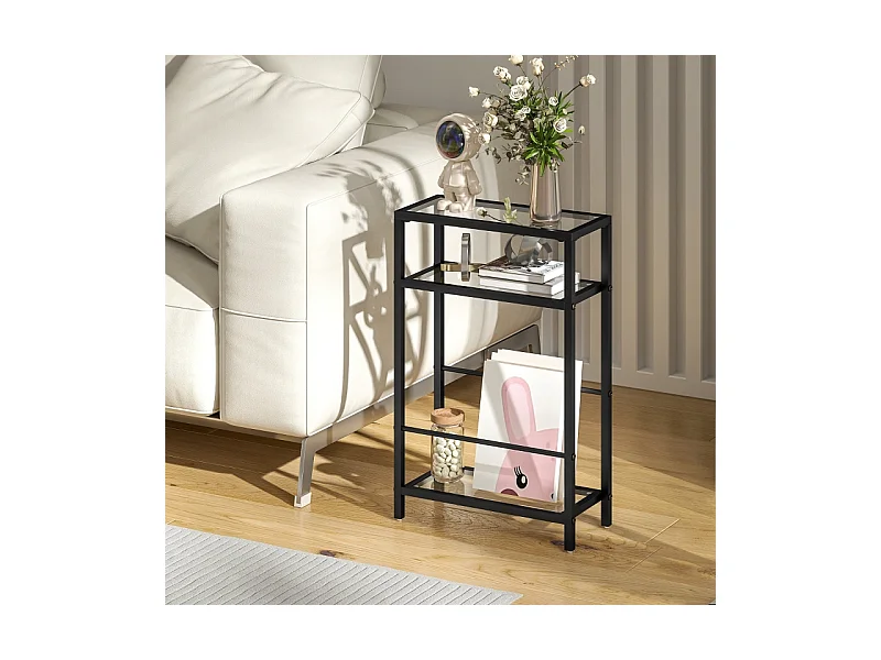 Bijzettafel met 3 niveaus, gehard glazen blad, metaal, zwart (40x18x62 cm)