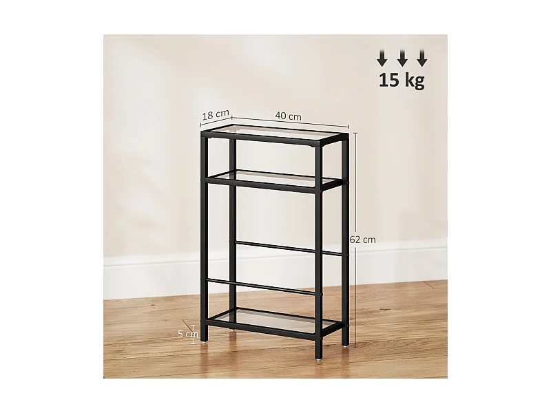 Bijzettafel met 3 niveaus, gehard glazen blad, metaal, zwart (40x18x62 cm)