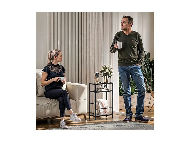 Bijzettafel met 3 niveaus, gehard glazen blad, metaal, zwart (40x18x62 cm)