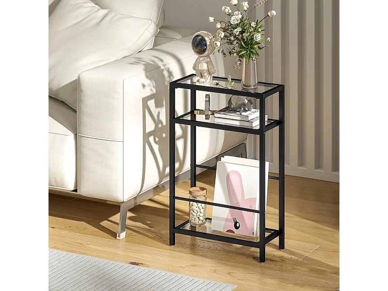 Bijzettafel met 3 niveaus, gehard glazen blad, metaal, zwart (40x18x62 cm)