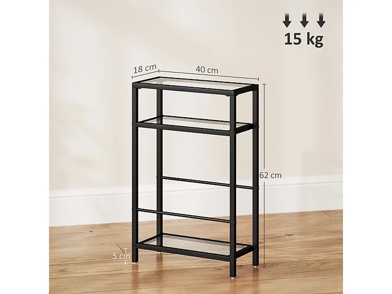 Bijzettafel met 3 niveaus, gehard glazen blad, metaal, zwart (40x18x62 cm)