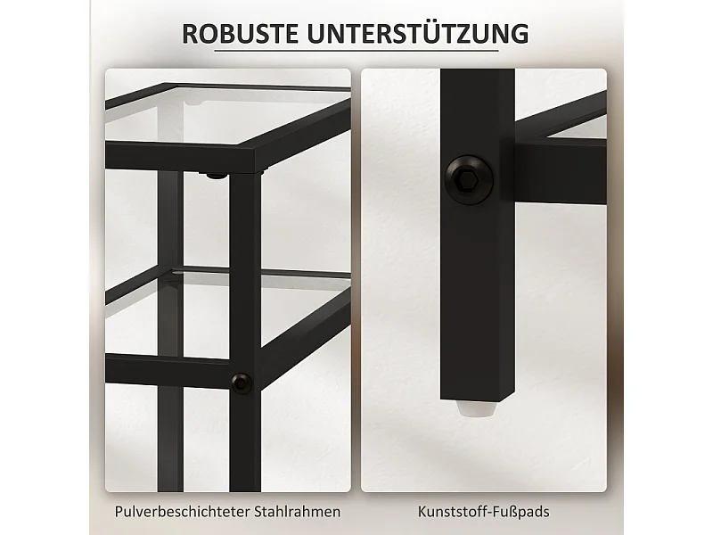 Bijzettafel met 3 niveaus, gehard glazen blad, metaal, zwart (40x18x62 cm)