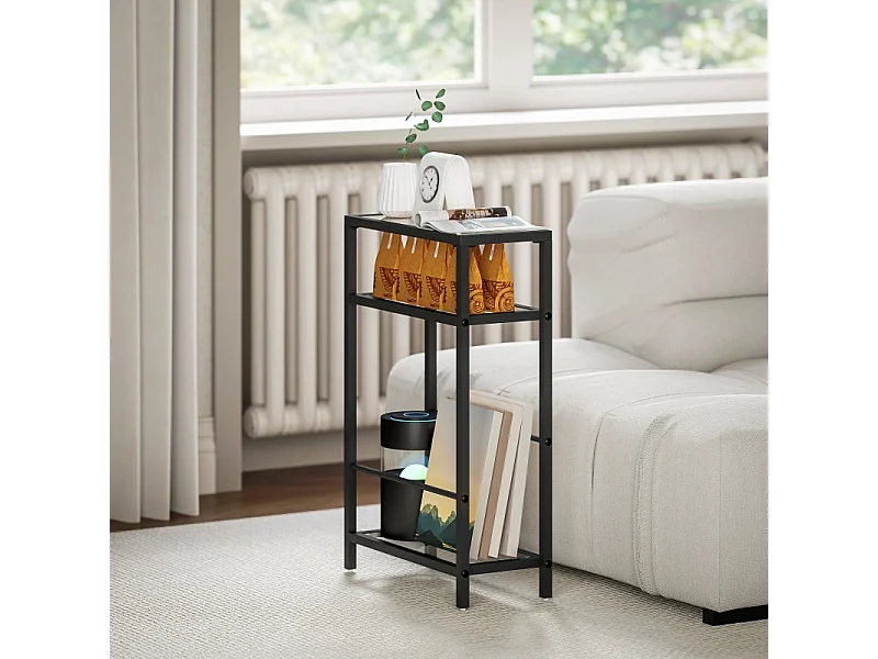 Bijzettafel met 3 niveaus, gehard glazen blad, metaal, zwart (40x18x62 cm)