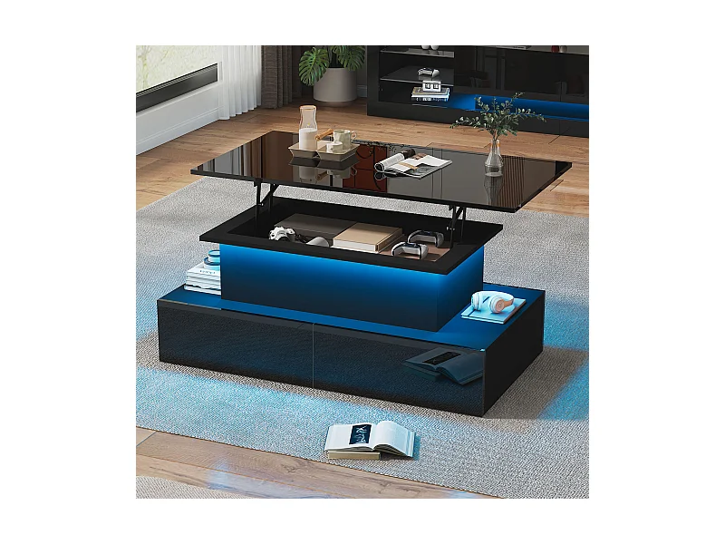 Table basse moderne noire brillante avec éclairage LED, 4 tiroirs et plateau extensible, panneau de particules (90x55x41cm)