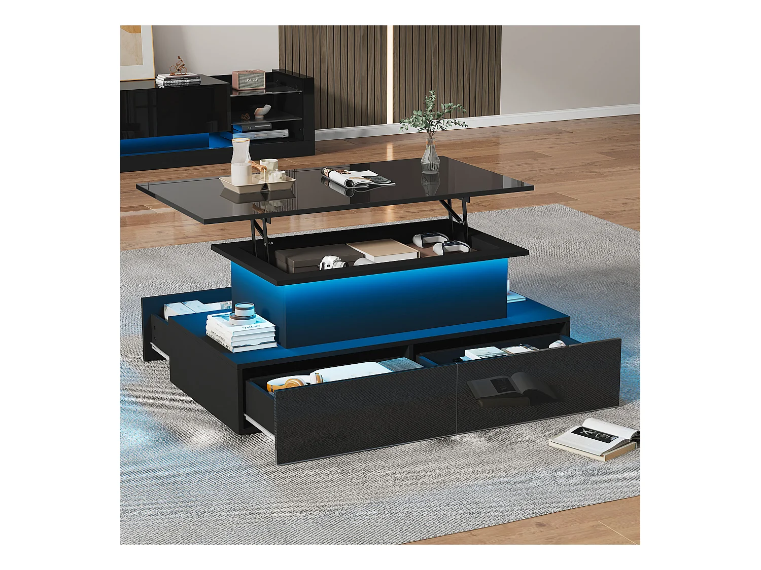 Table basse moderne noire brillante avec éclairage LED, 4 tiroirs et plateau extensible, panneau de particules (90x55x41cm)