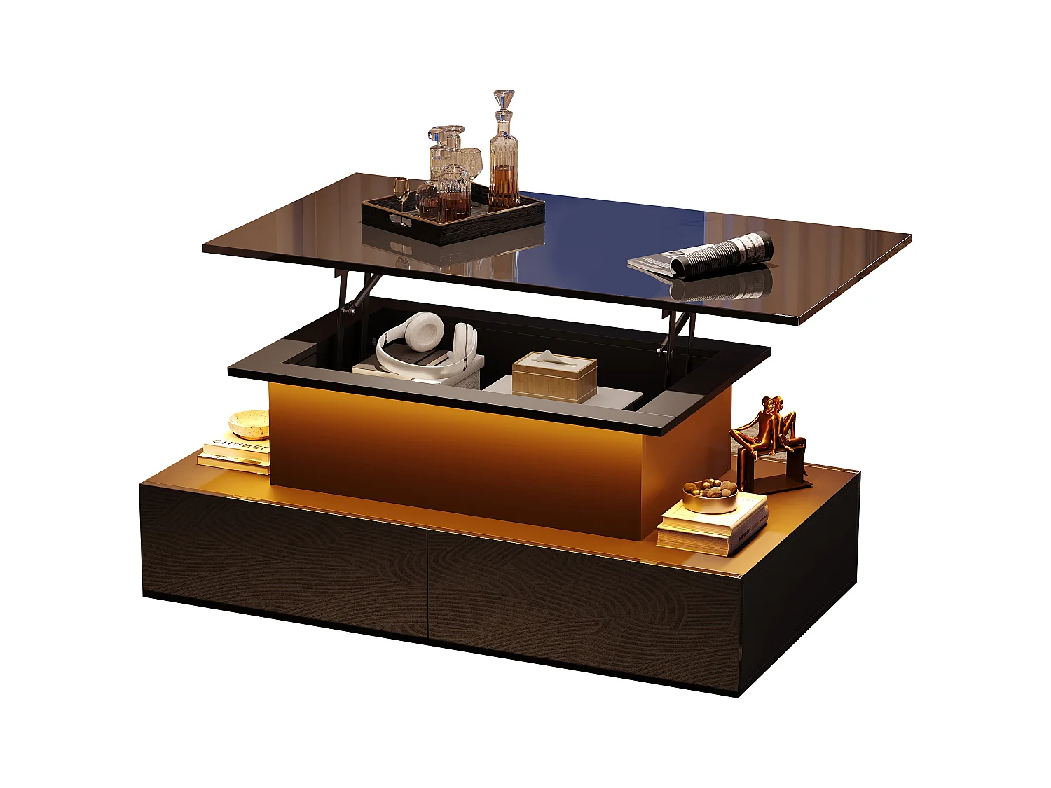 Table basse moderne noire brillante avec éclairage LED, 4 tiroirs et plateau extensible, panneau de particules (90x55x41cm)