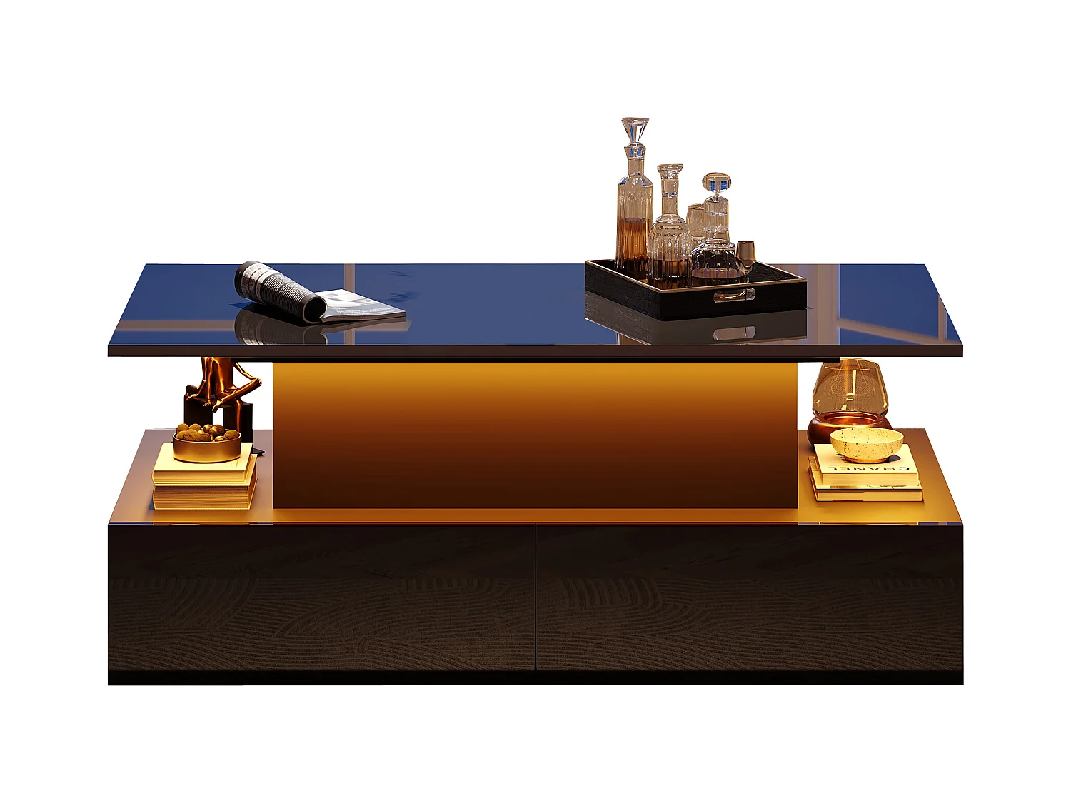 Table basse moderne noire brillante avec éclairage LED, 4 tiroirs et plateau extensible, panneau de particules (90x55x41cm)