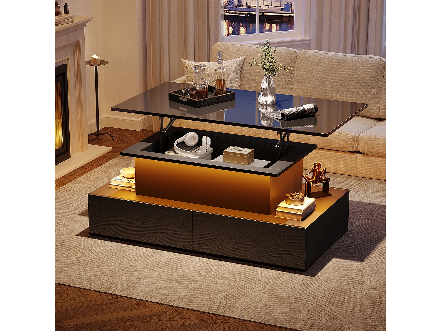 Table basse moderne noire brillante avec éclairage LED, 4 tiroirs et plateau extensible, panneau de particules (90x55x41cm)