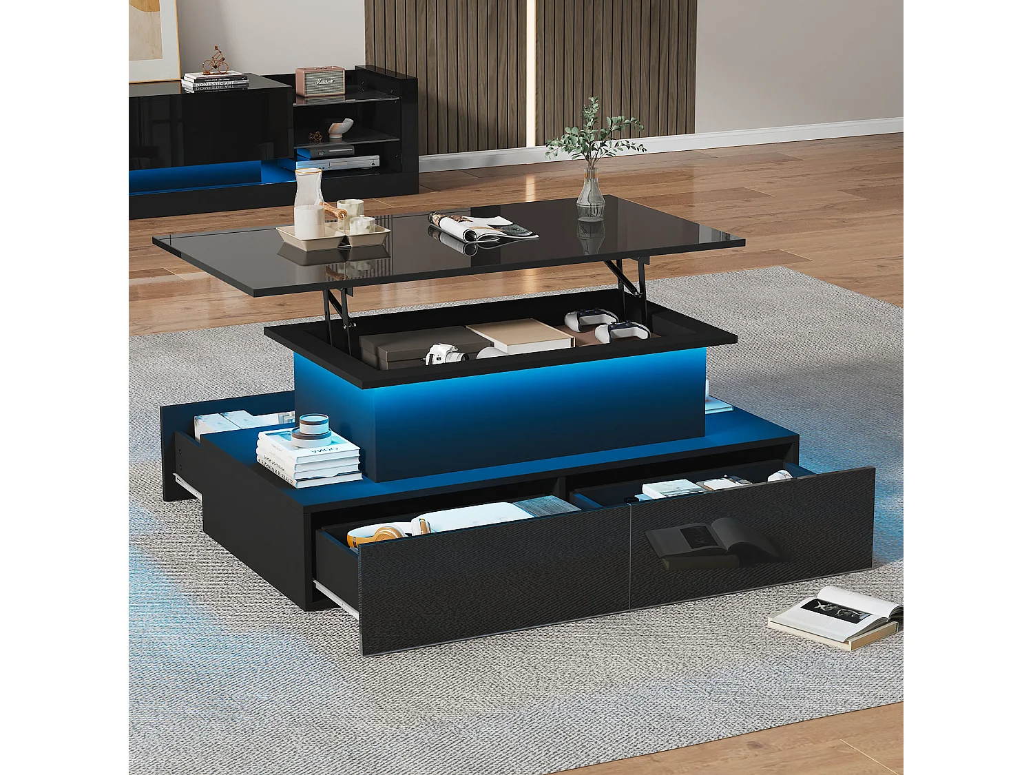 Table basse moderne noire brillante avec éclairage LED, 4 tiroirs et plateau extensible, panneau de particules (90x55x41cm)