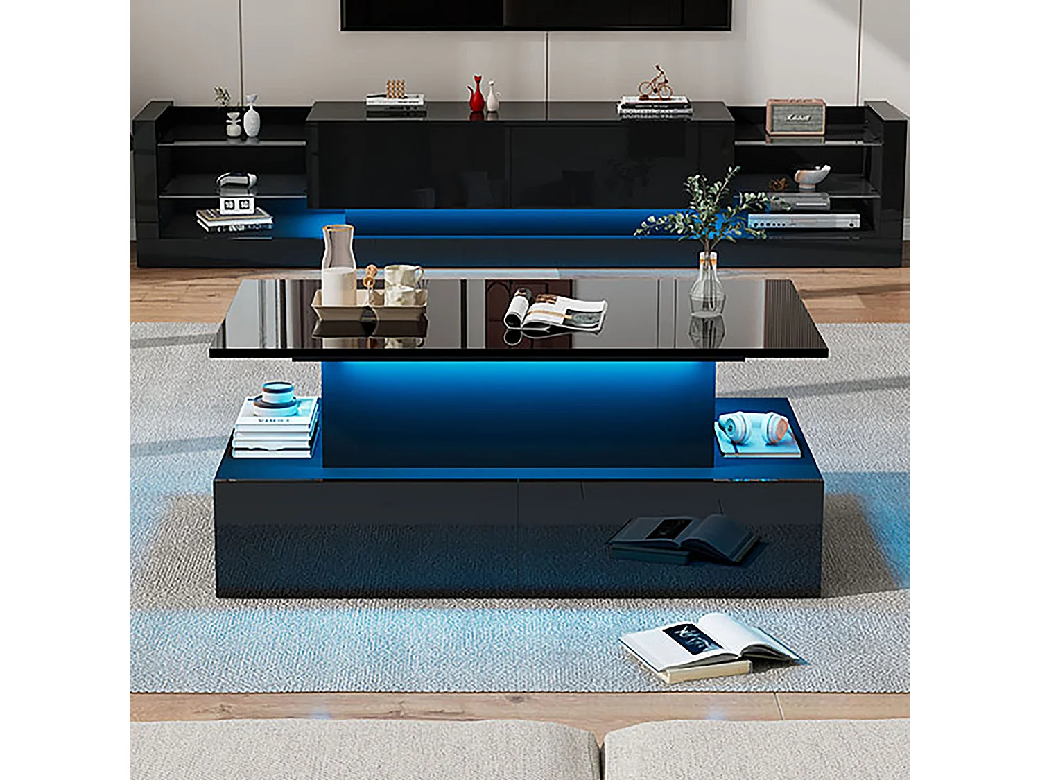 Table basse moderne noire brillante avec éclairage LED, 4 tiroirs et plateau extensible, panneau de particules (90x55x41cm)