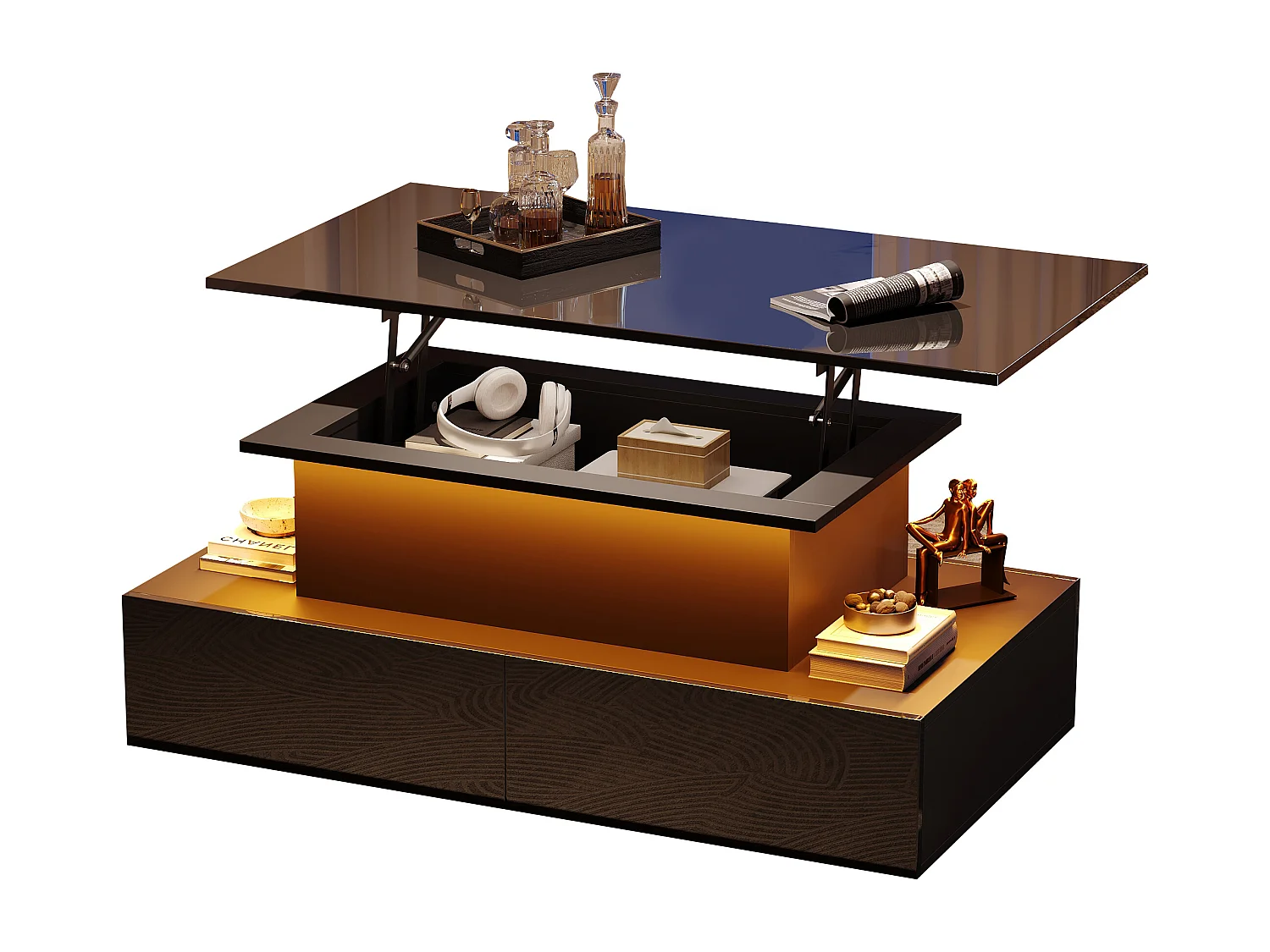 Table basse moderne noire brillante avec éclairage LED, 4 tiroirs et plateau extensible, panneau de particules (90x55x41cm)